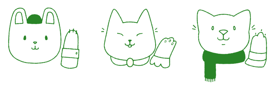 Three hand-drawn cats waving hello
